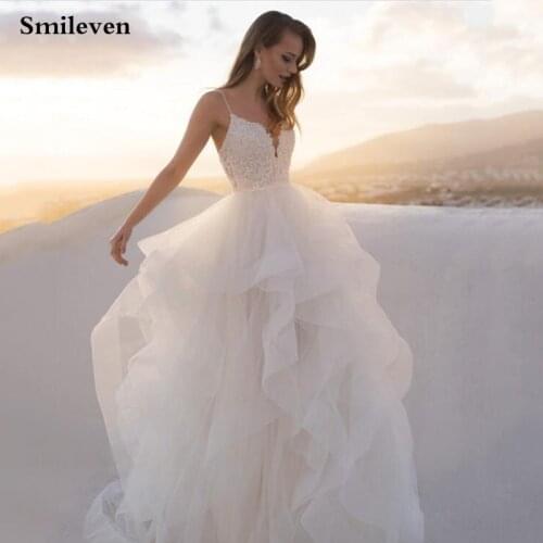 Smileven A Line Wedding Dress Puffy Tulle Boho Bridal Dresses Tiered Vestido De Noiva Wedding Gowns For Girl Custom Made