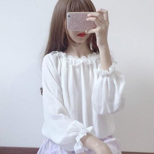 Spring New Japanese Sweet Lolita Blouse Women Harajuku Cute Loose Wild Lace Lantern Long Sleeves Chiffon Shirts Office Lady Tops