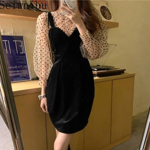 Vintage O Neck Puff Sleeve Mesh Polka Dot Blouse Women Loose Sexy Black Velvet Spaghetti Strap Dress Mini Fashion 2Set Chic Wild