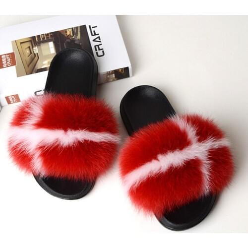 New Patterns Womens Fox Fur Slides Flat Striped Furry Home Slippers Female Fashion New Real Fox Hair Slipper Shoes Large Size