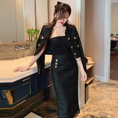 Winter Vintage Tweed Two Piece Women Outfits Woolen Diamonds Bowknot Short Jacket Coat & Tassels Midi Pencil Skirt Suits Autumn