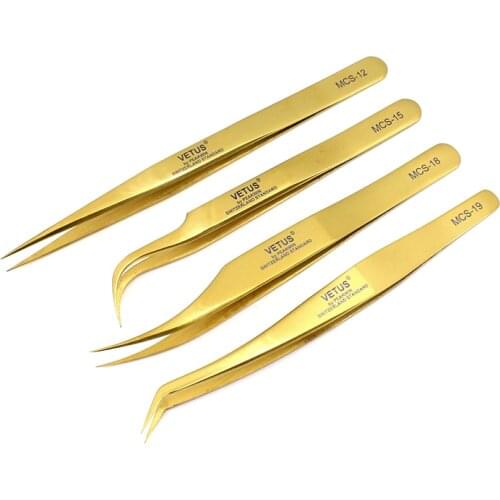 VETUS Golden High Precision Makeup Tweezer For 3D/6D Volume Eyelash Extension Anti-static Stainless Steel Eyebrow Tweezer