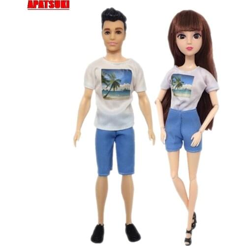 2sets/lot White T-Shirts Seaside Scene Coconut Tree Printing Blue Short Pants Clothes for Barbie Dolls Outfits for Ken Male Doll