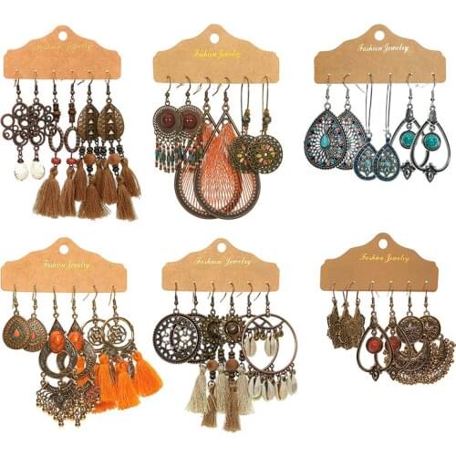 Bohemia Big Round Shell Tassel Drop Earrings Set for Woman Vintage Boho Geometry Drop Shape weave Multicolor Metal Earrings Gift