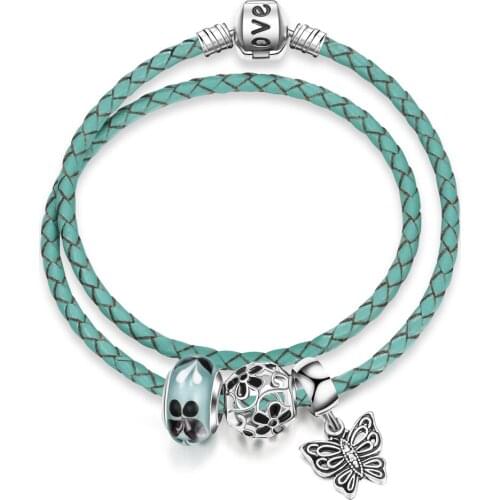 Design For Simple Blue Butterfly Pendant Charms Leather Bracelets Bangle For Womens Gift Fashion DIY Jewelry