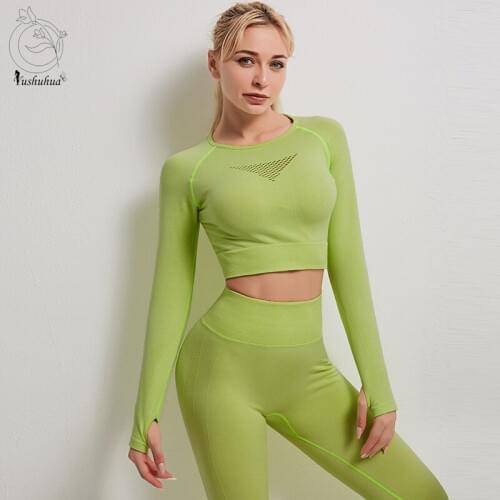 Yushuhua Yoga Set Women Sport Suit Gym 2 Piece Seamless Hollow Out Fitness Long Sleeve Crop Top High Waisted Workout Leggings