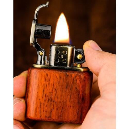 Brass inserts.Cypress Ebony Wood shell lighter Retro old nine doors kerosene windproof Cigarette Oil lighter