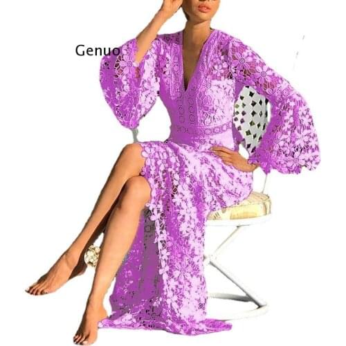 Summer Womens Dress Solid Color White Lace Hollow Out Self-Cultivation Sexy Ladies Beach Skirt Cover Clothing Womens Dress