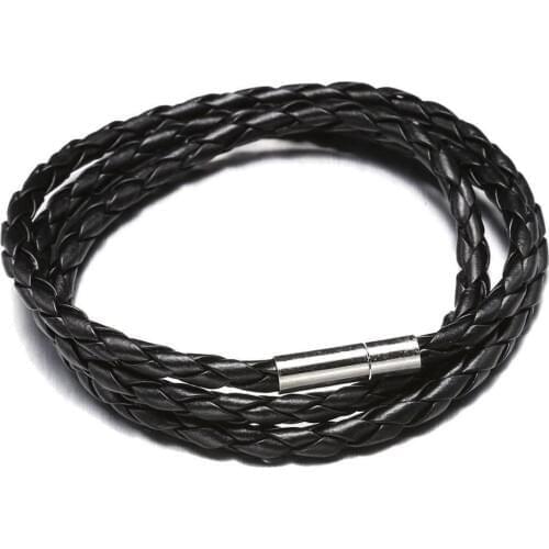 Magnetic Black Retro Wrap Long Leather Bracelet Men Bangles Fashion Sproty Chain Link Male Charm Bracelet With 3 Laps