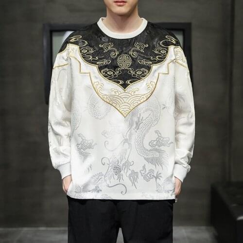 2021 Autumn Chinese Style Mens Clothing Ice Silk Han Tang Costume Embroidery T-shirt Retro National Long Sleeved Pullover