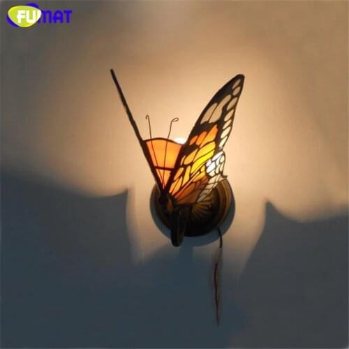 FUMAT Stained Glass Wall Lamp Creative Butterfly Glass Shade Lights For Living Room Corridor Kitchen Bed Room Glass Wall Sconce