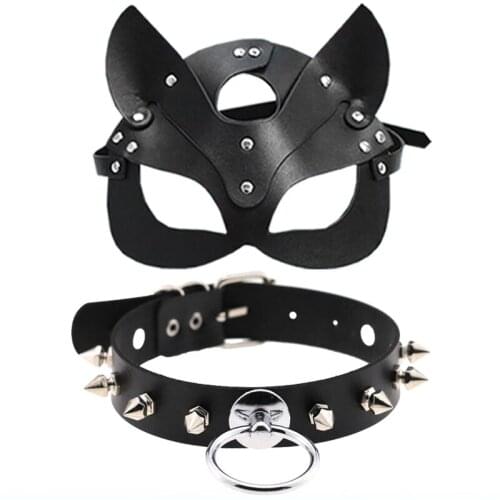 Gothic mask and rock punk spiked rivets sexy leather collar oversized O round BDSM bondage slave neck chain neck strap