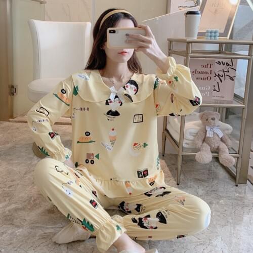 2020 Autumn Sweet Princess Long Sleeve Loose Pajama Set for Women Print Sleepwear Suit Pyjama Homewear Pijama Mujer Home Clothes