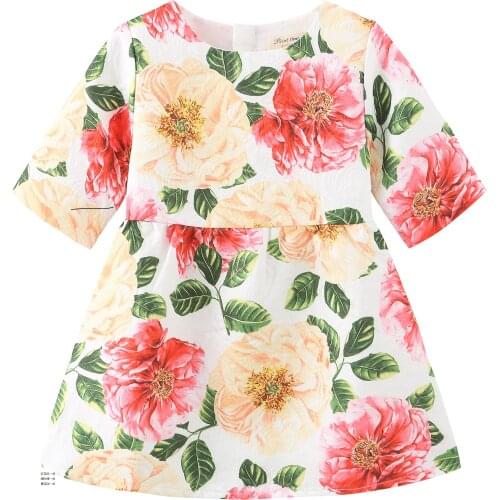 2021 Spring and Summer Girls Red Flower Printed Dress for Baby Girls New Floral Kids Dresses Party Clothing Baby Clothes