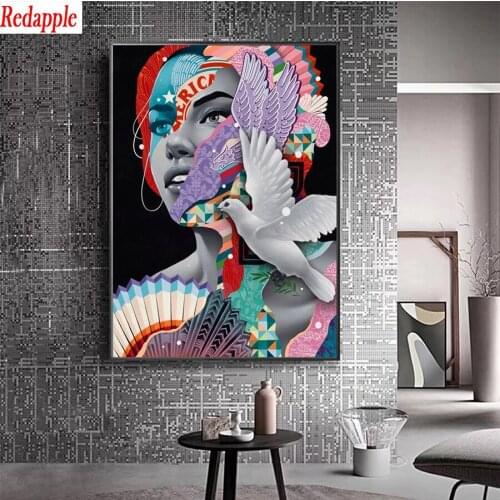 Full square diamond painting Abstract art, painted woman, flying bird pictures for embroidery diamond mosaic paintings