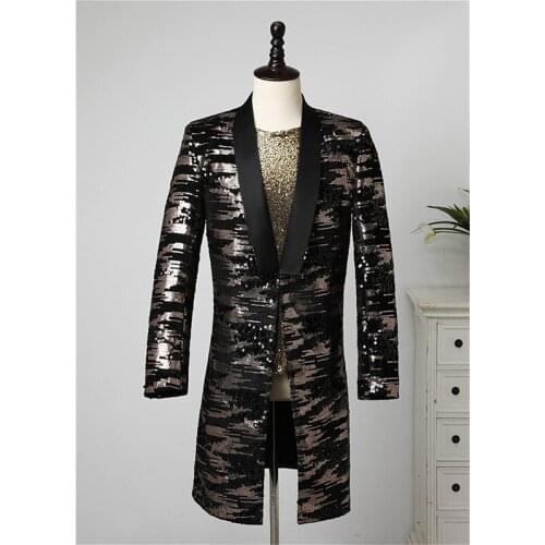 Casual Windbreaker Loose Jacket for Male Fashion Singer Performance Costume Elegant Single Breasted Mid-long Sequins Blazer