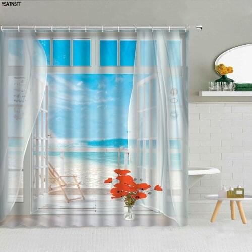 Beach Ocean Landscape Shower Curtain Shell Roman Column Green Vine Flowers Polyester Fabric Bath Screen Bathroom Curtains Decor