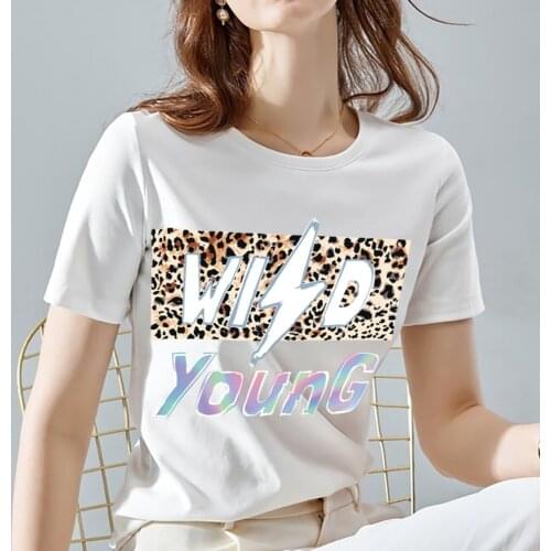 Womens Summer Fashion Leopard Print Letters Sweet Ladies Printed Pattern Clothes Casual Self-cultivation All-match O-neck Lady