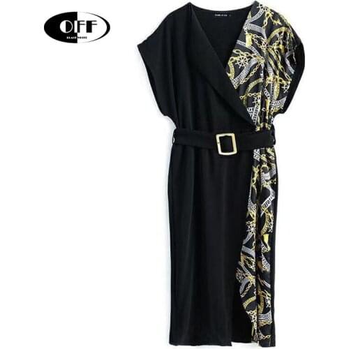 Summer Vintage Printed Midi Dresses For Women Patchwork V-neck Loose Plus Size Oversized Office Work Black Ladies Dress Vestidos