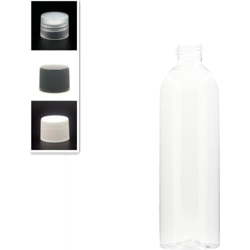 250ml empty cosmo round plastic bottle, clear pet bottle with white/black plastic screw cap