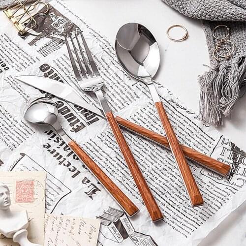 5Pcs Stainless Steel Glossy Wood Silver Dinnerware Sets Tableware Set Western Food Knife fork Teaspoon Cutleries Sets Tea Spoon