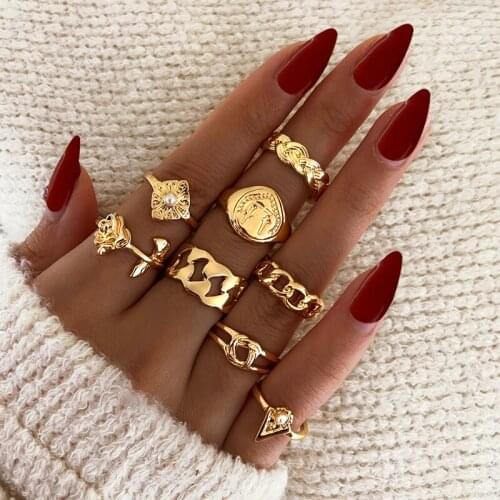 8 Pcs/set rings for women Boho Jewelry Virgin Mary Gold Rings for girls Heart Fatima Hands Anillos Cross Chain Geometric ring