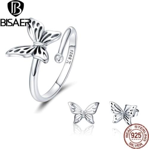 BISAER Real 925 Sterling Silver Jewelry Set Vintage Butterfly Earrings Rings Women Bridal Jewelry Sets Sterling Silver Jewelry