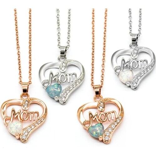 Letter "MOM" Heart-Shaped Mosaic Artificial Opal Pendant Necklace Mothers day&Birthday Gift High Quality Ladies Jewelry