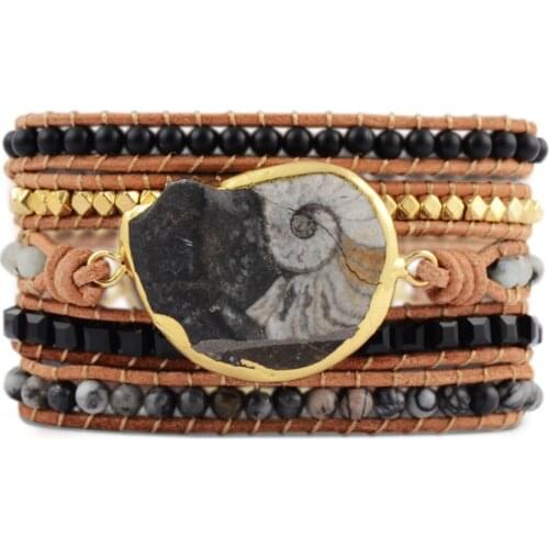 Black White Natural Fossils Leather Bracelets Handmade Bohemian Wrap 5 Strands Bracelet Unique Natural Stone Bracelets Dropship