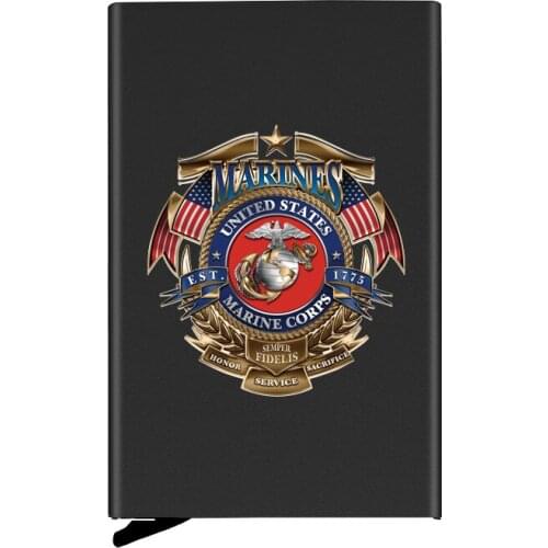 Black Metal Case Military Marines Printing Credit Card Holder Men Slim Anti Protect Travel ID Cardholder Women Rfid Wallet