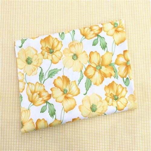 Pretty 50x160cm Blooming Yellow Chrysanthemum Flower & Check Cotton Fabric Floral Fabric For Sewing Quilting Bedding Clothing