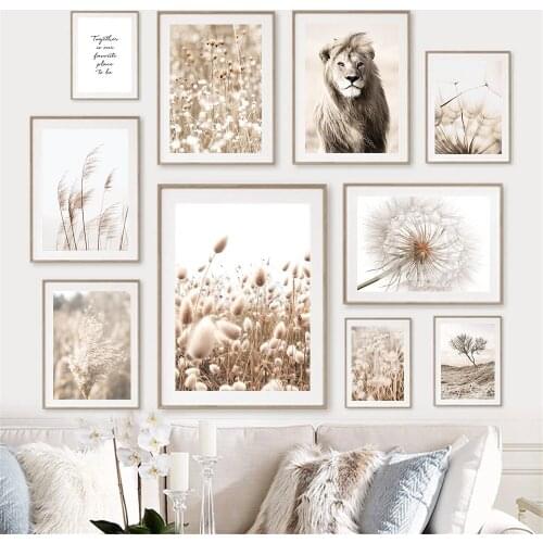 Flower Reed Grass Beige Canvas Poster Lion Wall Painting Dry Tree Landscape Print Dandelion Wall Art Pictures Living Room Decor