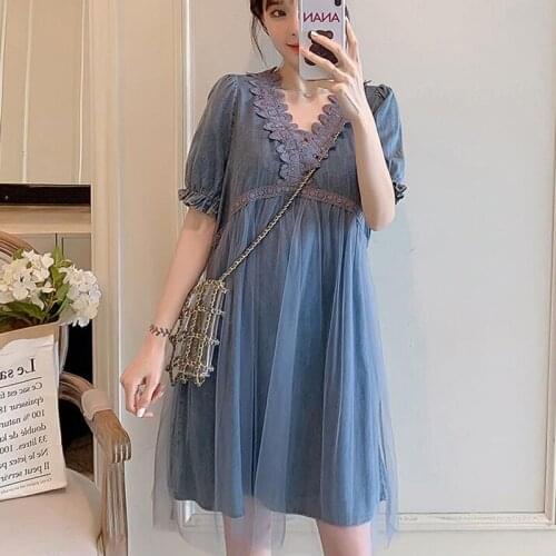 HOLE Lace Edge V-neck Mesh Stitching Denim Maternity Dress Cute Plus Size 4XL Voile Clothes for Pregnant Women 2021 Fashion