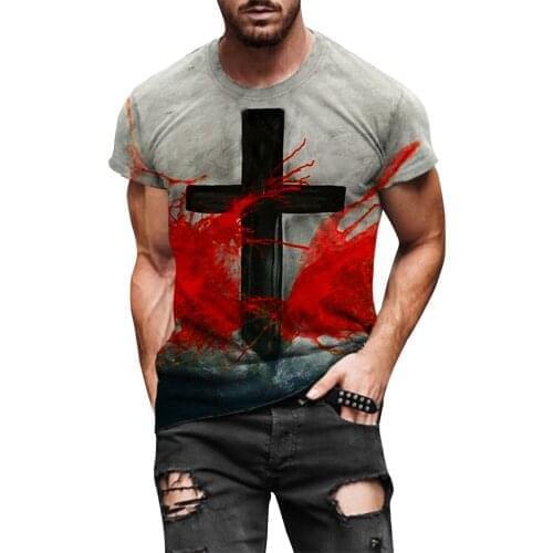 Mens T-shirt Simple Classic Trend Casual All-match Street Fashion Casual Cross Print Round Neck Short Sleeve Retro Shirt b4