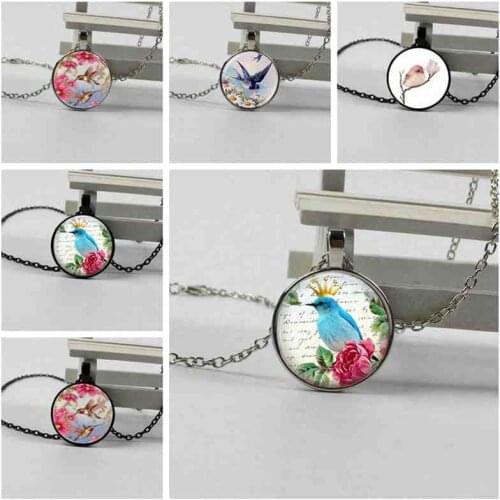 Wholesale crystal glass dome pendant cute bird fly retro print art glass cabochon necklace handmade jewelry