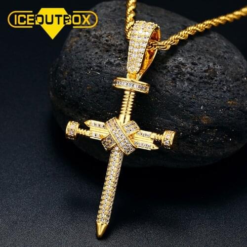 ICEOUTBOX Hip Hop Nail Cross Pendant Necklace Micro Pave AAA+ Cubic Zirconia Pendant Tennis Chain Punk Fashion Jewelry For Gift
