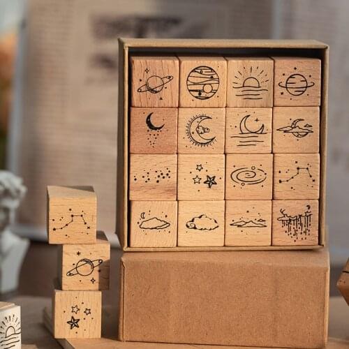 16pcs/set Vintage Moon planet series stamp DIY wooden rubber stamps for scrapbooking stationery scrapbooking standard stamp