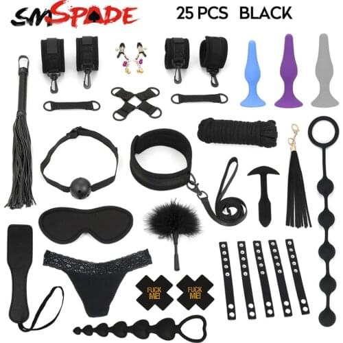 SMSPADE Black Bondage 25Set Gag,Collar,Handcuffs,AnkleCuffs,Whip,Paddle,Nipples,Rope,Silicone Anal Plug BDSM Game Adult Sex Toys