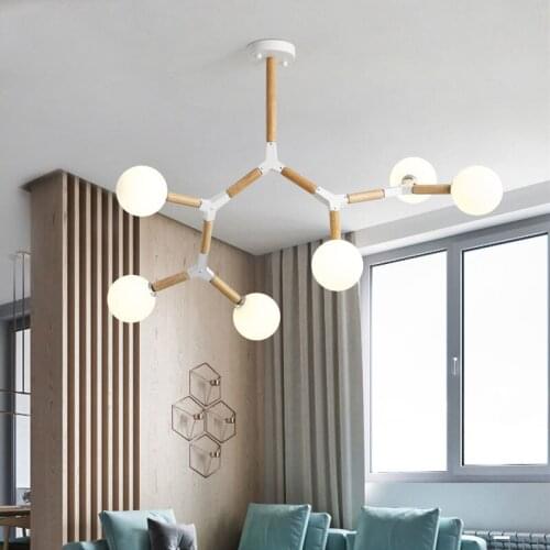 Modern Creative Nordic LED Chandelier with Glass Ball for Living Room Bedroom Wooden Chandeliers G9 Indoor Lighting Fixtures