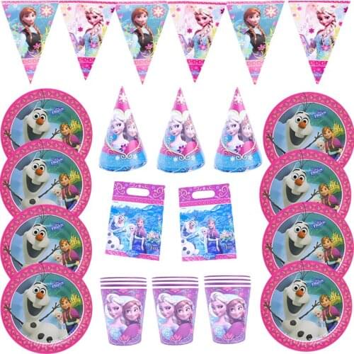 Purple Frozen Party Characters Themes Disposable Tableware Set Napkin Paper Plates Cups Hats Children Birthday Party Decorations