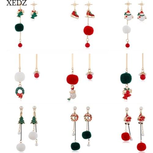 XEDZ Christmas pearl linear earrings ornaments plush ball snowman/candy/skates/bell/Christmas tree/gloves earrings holiday gifts