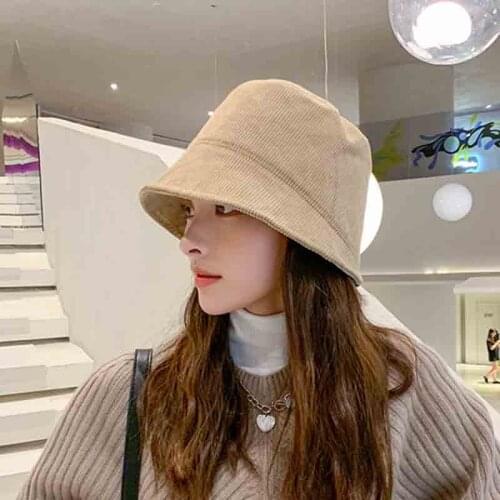 Women Autumn Bob Panama Hat Pure Color Corduroy Sunbonnet Fedoras Outdoor Fisherman Hat Lady Girls All-Match Foldable Bucket Hat