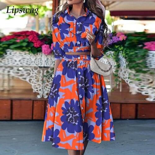 Women Elegant Floral Print Two Piece Set 2021 Autumn Fashion Turn-down Collar Outfits Lady New Casual Three Quarter Button Suits
