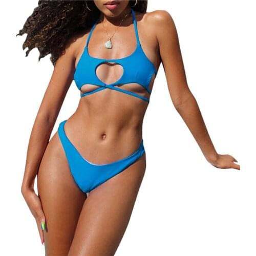 2021 Women’s Solid Color 2Pcs Bikini Suit, Low Neck Front Hollowed Bandage Halter Tops with Triangle Bottoms Bikini Swimsuit