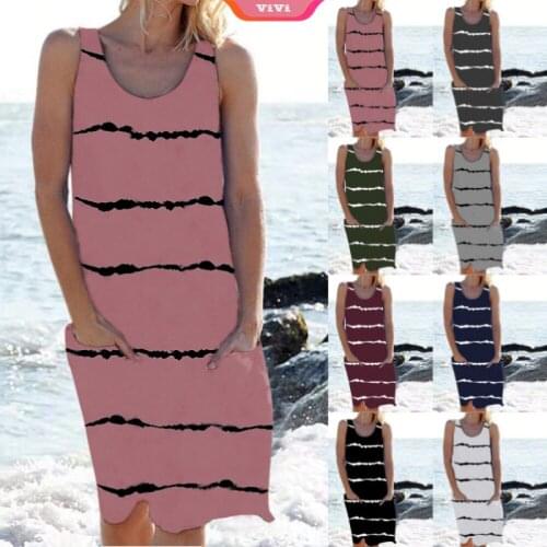 2021 Womens New Casual Striped Pocket Dress Fashion Round Neck Sleeveless Loose Vest Summer Ladies Casual Sun Skir