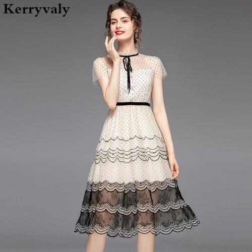 Summer Vintage Ploka Dot Lace Stitching Embroided Dress Women Clothes 2021 Sweet Princess Striped Party Dress Sommerkleid K8616