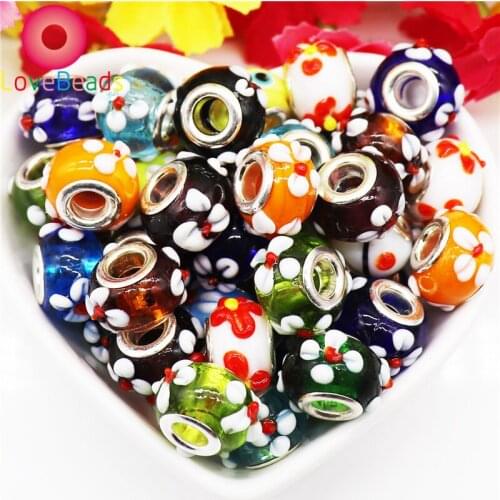 10Pcs/Lot Mixed Color 3D Lily Flower Art Lampwork Glass Large Hole European Spacer Beads Fit Pandora Bracelet Bangle DIY Jewelry