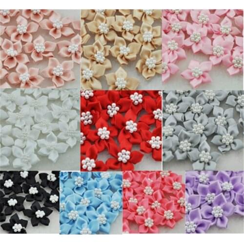 20pcs satin ribbon flowers W/pearl Appliques Craft DIY Wedding B046