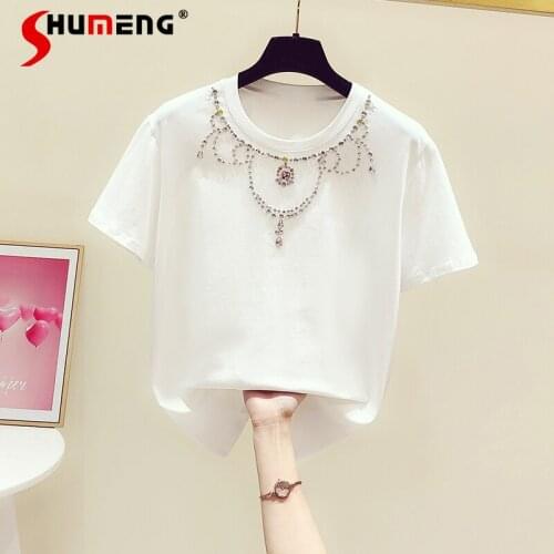 2021 Summer Woman Korean Fashion Loose White Bead Rhinestones Tshirts Womens Kawaii Round Neck Short Sleeve T-shirts Ladies