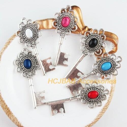 6 New Key Charms Tibetan Silver Tone Retro Oval Mixed Acrylic Pendants 20x49mm
